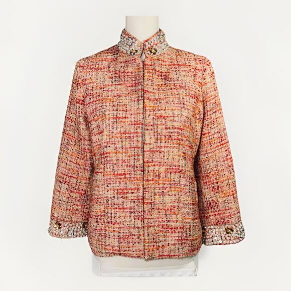 Chico's Women's 0 (4/6) Embellished Tweed Jacket Coral Orange 3/4 Sleeve Office - Picture 1 of 11